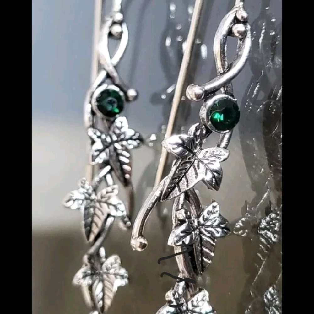 Elegant Silver Leaf Earrings with Green Accents
